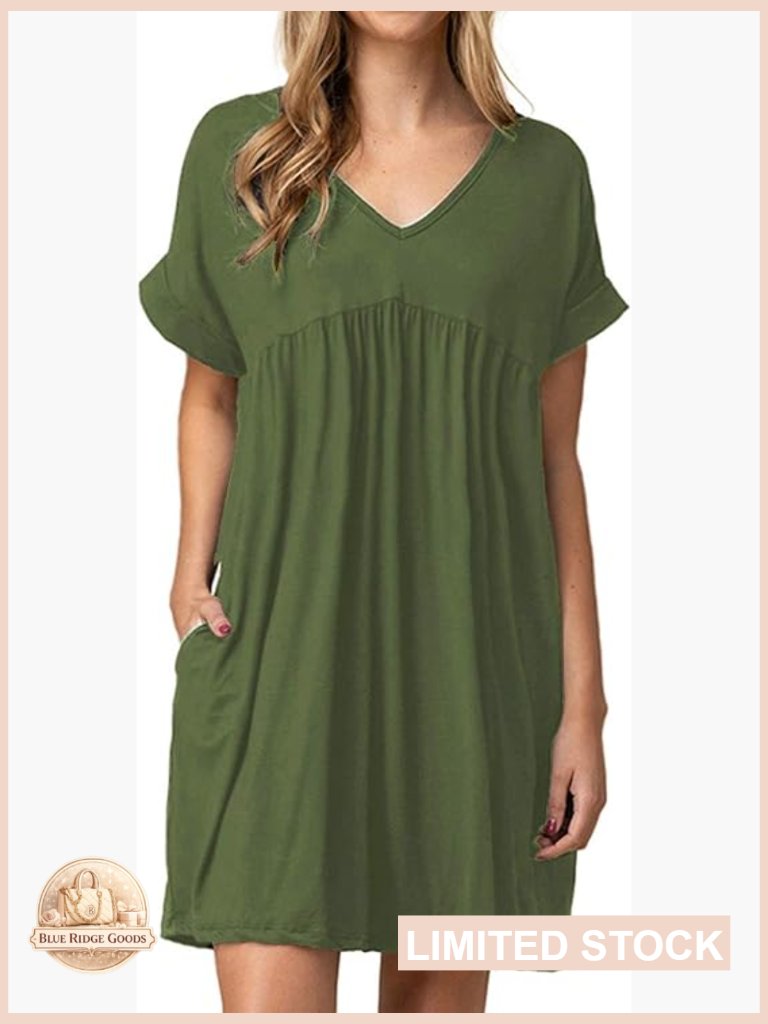 V-Neck Baby Doll Dress Pleated Flowy Swing Mini Casual Summer Tunic